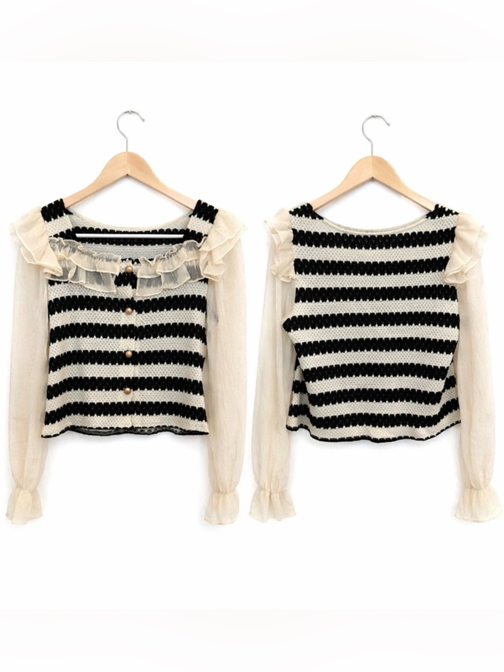 Striped Crochet Knit Top with Sheer Ruffle Sleeves - Black & Cream